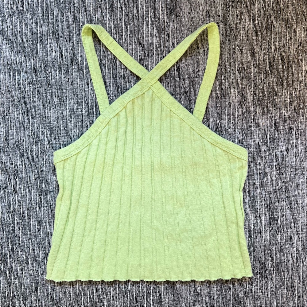 Zara Halter Neon Light Green Ribbed Tank Top